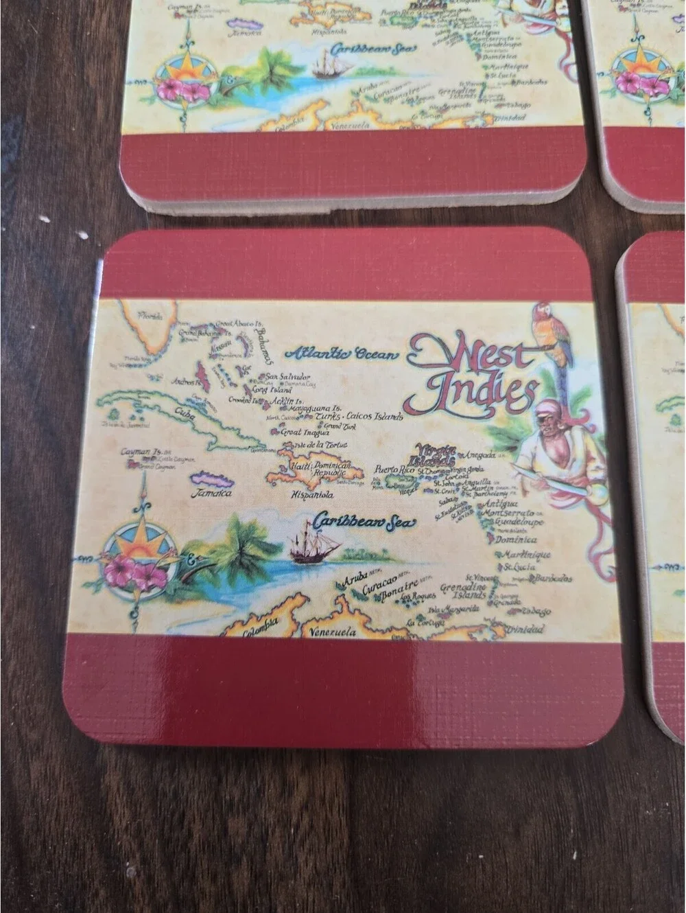 Vintage West Indies Caribbean Map Cork Back Coaster Set of 4 Tropical Tiki Bar